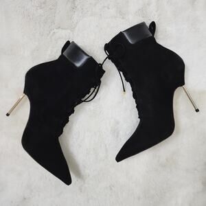 NEW Good American Scandal Black Suede Lace Up Point Toe Heeled Bootie
